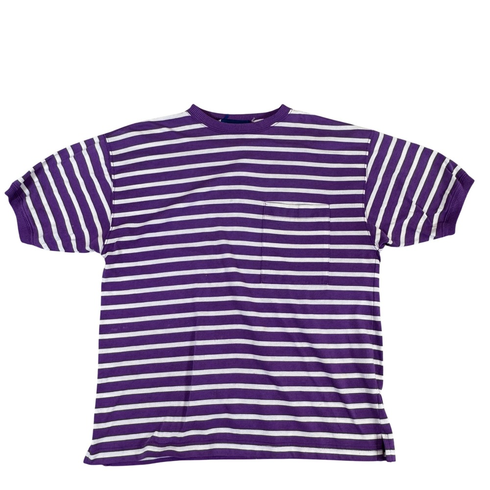 Vintage Prides Landing Purple White Striped Pocket T-Shirt Mens Small S Ribbed